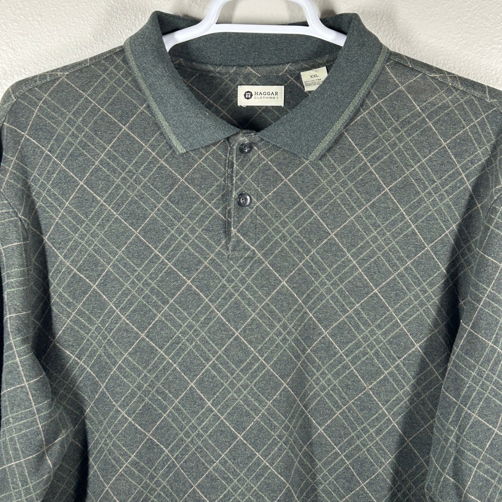 Haggar Mens XXL Olive Green Grid Pattern Long Sleeve Polo Shirt Business Casual